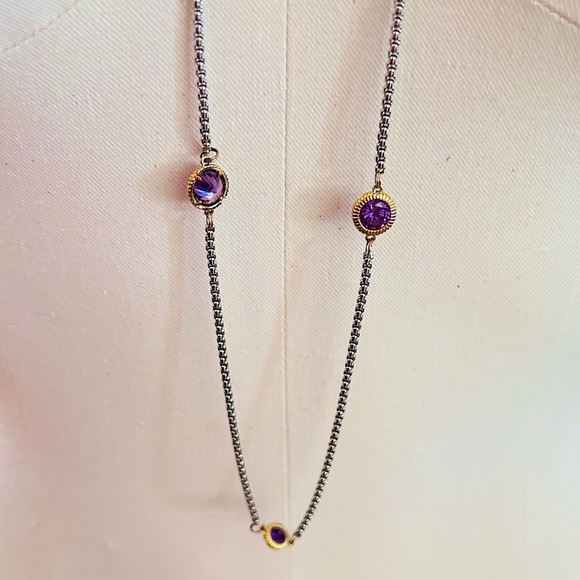 Vintage Bezel-Set Amethyst Crystal X-Long 55" Gold Plated & 926 Silver Necklace - Picture 7 of 14